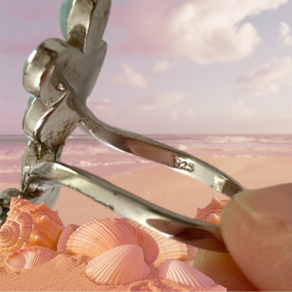 Sterling Silver Genuine Larimar Floral Ring, Size 6. - Picture 6 of 16